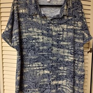 LuLaRoe L Charlie Blouse Blue and Tan Paisley Print